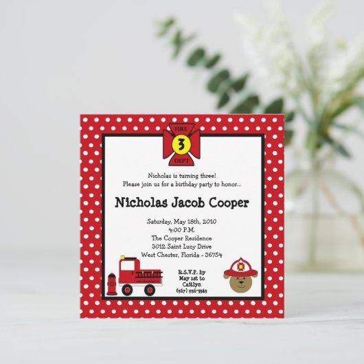5x5火犬の普通消防車の誕生日のパーティの招待状 招待状 (スタンド正面)