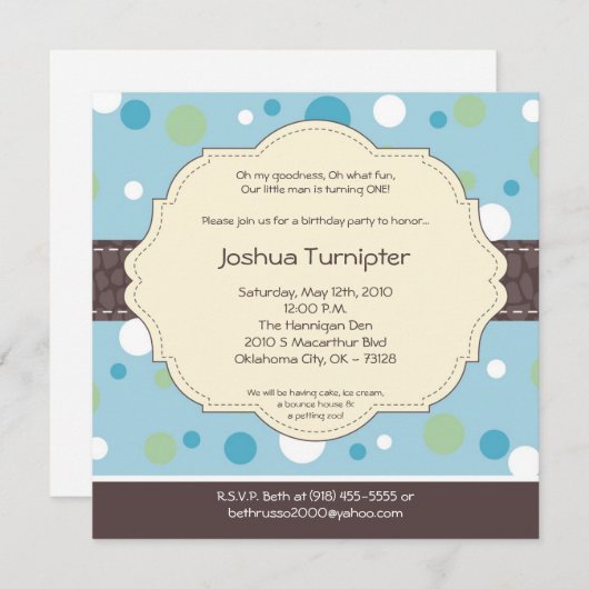 5x5男の子の青い水玉模様の袋の誕生日の招待状 招待状 (正面/裏面)