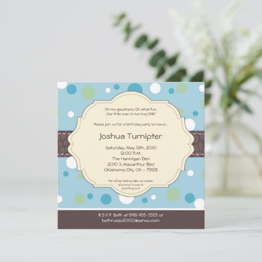 5x5男の子の青い水玉模様の袋の誕生日の招待状 招待状 (スタンド正面)