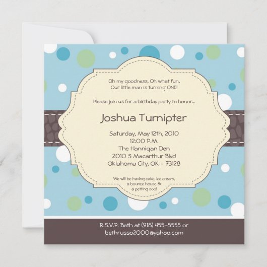 5x5男の子の青い水玉模様の袋の誕生日の招待状 招待状 (正面)