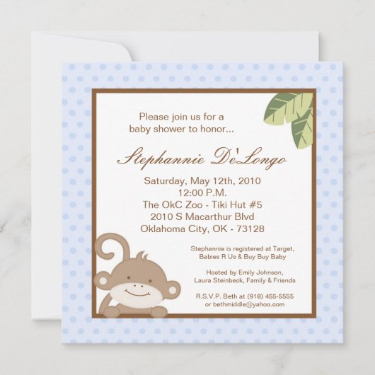 5x5男の子青い猿のベビーシャワーの招待状 招待状 (正面)
