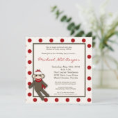 5x5赤い靴下モンキーのおもちゃの誕生日パーティーの招待 招待状 (スタンド正面)