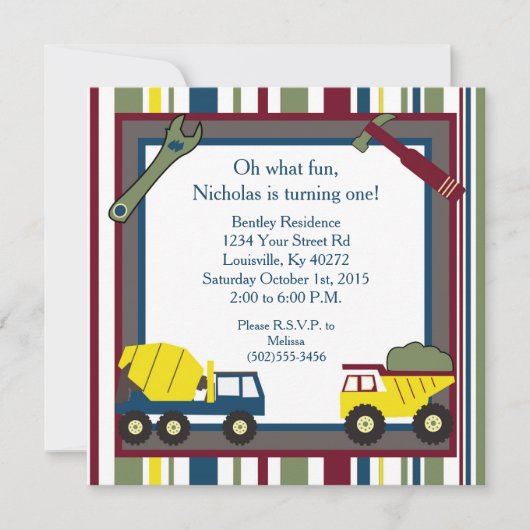 5x5 建設 ファースト 1歳の誕生日 招待状 (正面)