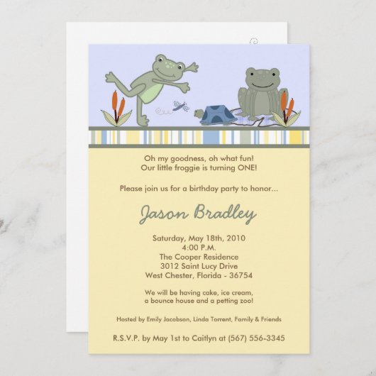 5x7うるうカエルの亀ビー誕生日パーティーの招待 招待状 (正面/裏面)