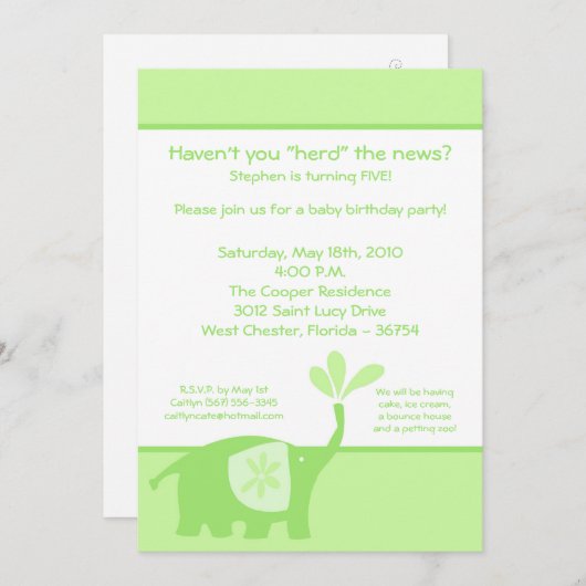 5x7かわいいグリーンエレファントバースデーパーティーの招待状 招待状 (正面/裏面)