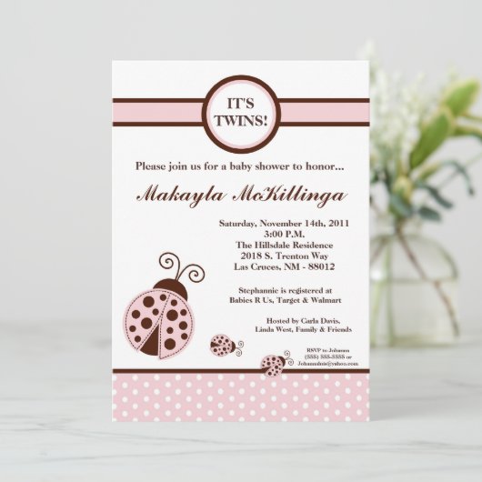 5x7はピンクレディー虫のベビーシャワーの招待状を結び付けます 招待状 (スタンド正面)