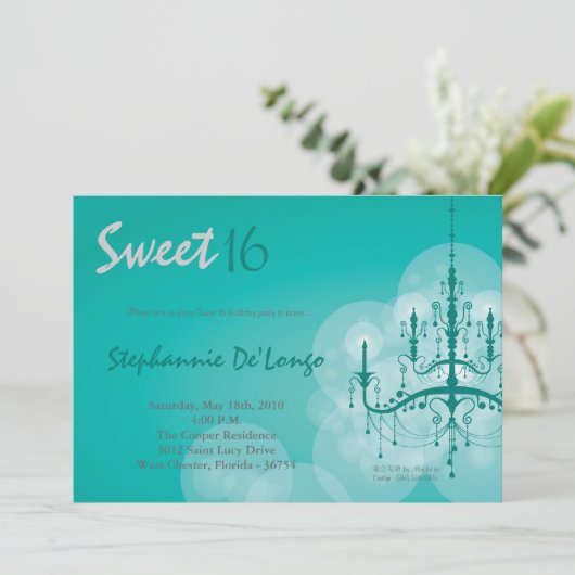 5x7アクアシャンデリアスウィート16誕生日招待状 招待状 (スタンド正面)