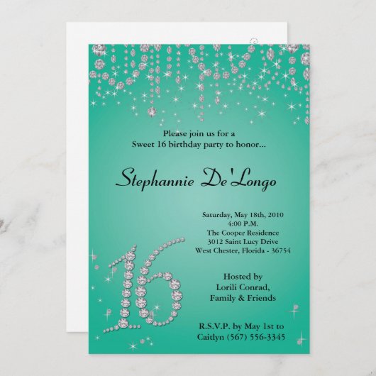 5x7アクアティール（緑がかった色）ダイヤモンドスイート16誕生日招待状 招待状 (正面/裏面)