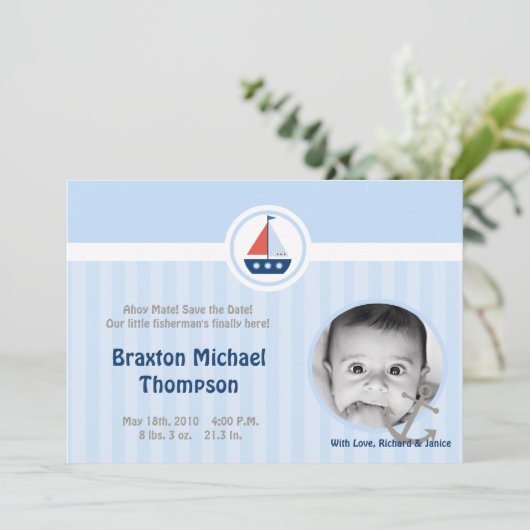 5x7アホイ航海のセイル写真誕生のお知らせ 招待状 (スタンド正面)