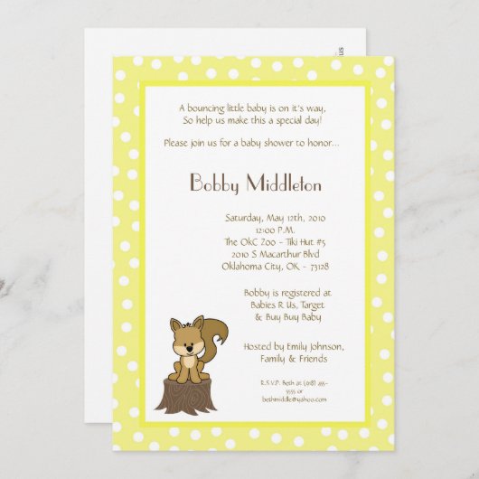 5x7イエローウッドランドスクイレルベビーシャワー招待状 招待状 (正面/裏面)