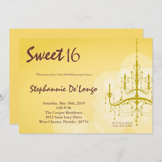 5x7イエローシャンデリアスウィート16誕生日招待状 招待状 (正面/裏面)