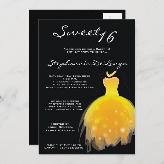 5x7イエロードレススイート16誕生日招待状 招待状 (正面/裏面)