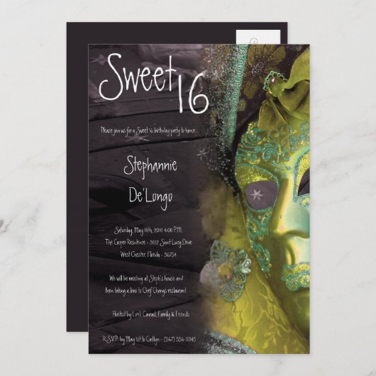 5x7イエローマスカレード甘い16誕生日招待状 招待状 (正面/裏面)