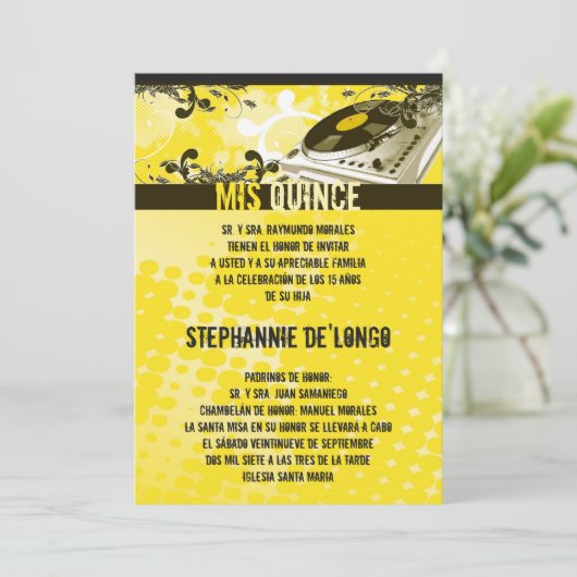 5x7イエローDJターンテーブルキンセアニェラ招待状 招待状 (スタンド正面)