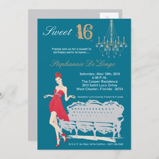 5x7エレガントパーティースイート16誕生日招待状 招待状 (正面/裏面)