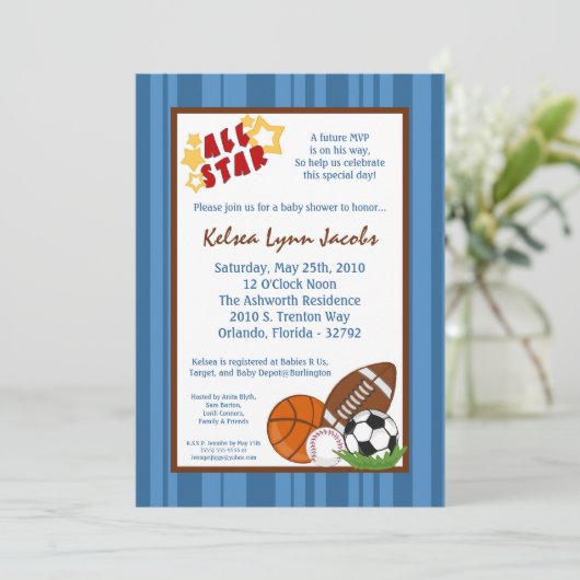 5x7オールスター最高殊勲選手のスポーツの球のベビーシャワーの招待状 招待状 (スタンド正面)