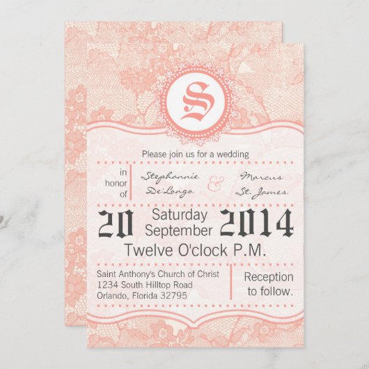 5x7カントリーコーラルレースプリント結婚式招待状 招待状 (正面/裏面)