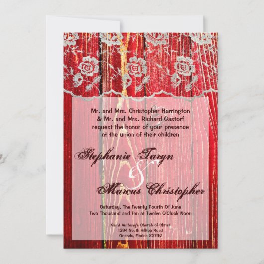 5x7カントリーレースレッドウォッシュウッド結婚式招待状 招待状 (正面)