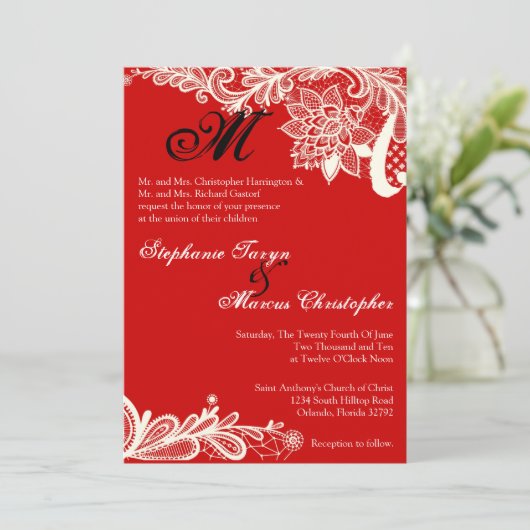 5x7カントリーヴィンテージレースレッド結婚式招待状 招待状 (スタンド正面)