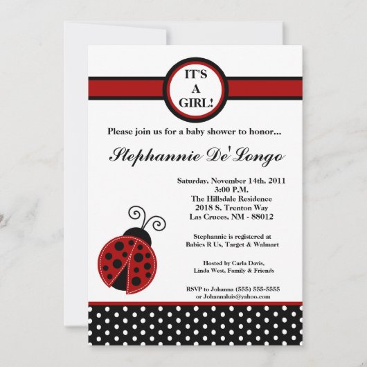 5x7ガーリーで赤い女性Bugベビーシャワーの招待状 招待状 (正面)