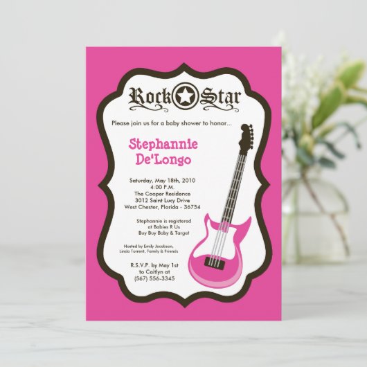 5x7ガーリーなピンクの石のギターのベビーシャワーの招待状 招待状 (スタンド正面)