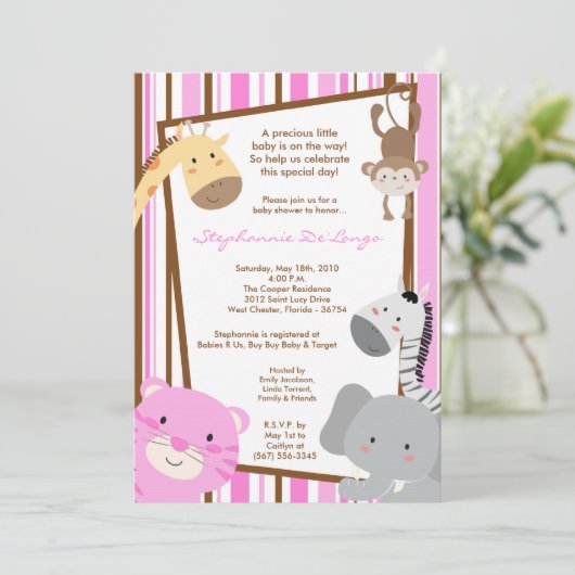 5x7ガールジャングルライオンモンキーベビーシャワー招待状 招待状 (スタンド正面)