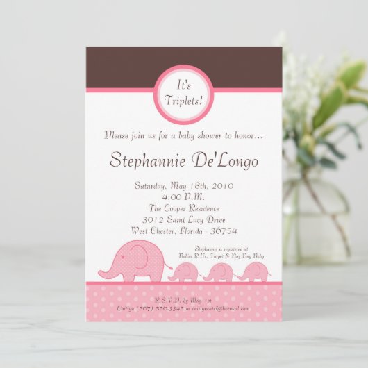 5x7ガールトリプレットエレファントベビーシャワー招待状 招待状 (スタンド正面)