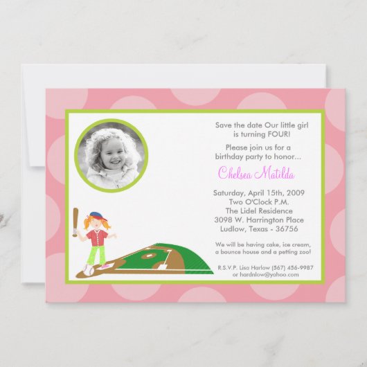 5x7ガールピンクソフトボール誕生日シャワー招待状 セーブザデート (正面)