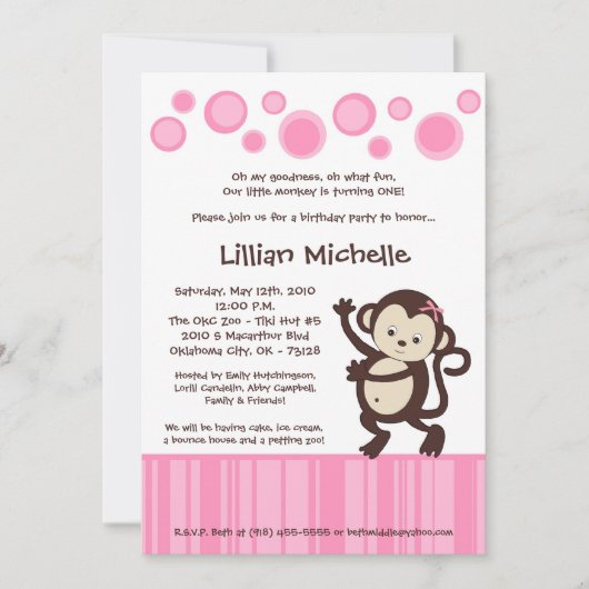 5x7ガールピンクモンキーダンス誕生日招待状 招待状 (正面)