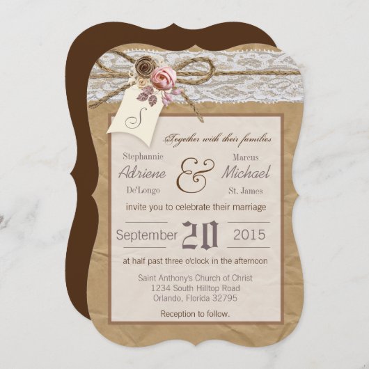 5x7クラフト紙のレースの麻ひもの弓結婚式招待状 招待状 (正面/裏面)