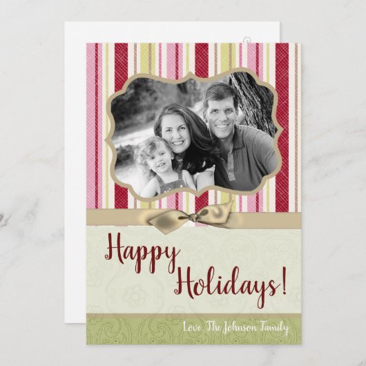 5x7クリスマスクリスマスグリーンファブリッストライプのクPHOTOカード シーズンカード (正面/裏面)