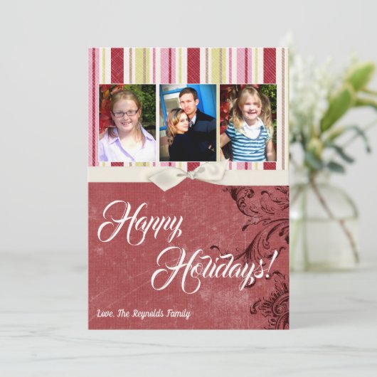 5x7クリスマスクリスマスグリーンファブリッストライプのクPHOTOカード シーズンカード (スタンド正面)