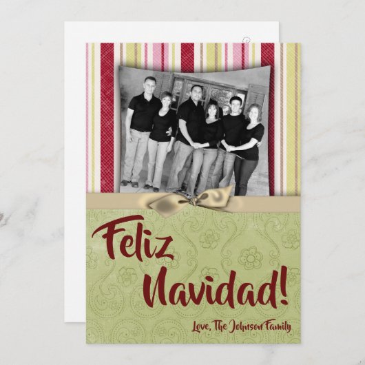 5x7クリスマスクリスマスグリーンファブリッストライプのクPHOTOカード シーズンカード (正面/裏面)