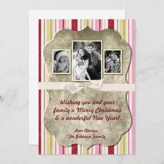 5x7クリスマスクリスマスグリーンファブリッストライプのクPHOTOカード シーズンカード (正面/裏面)