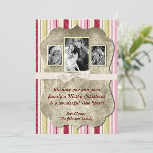 5x7クリスマスクリスマスグリーンファブリッストライプのクPHOTOカード シーズンカード (スタンド正面)