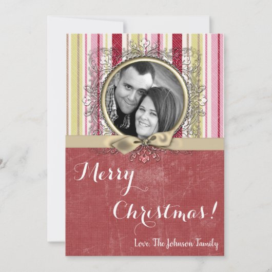 5x7クリスマスクリスマスグリーンファブリッストライプのクPHOTOカード シーズンカード (正面)