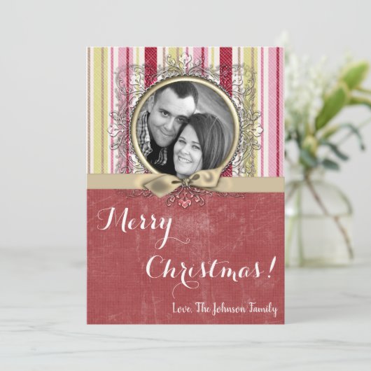 5x7クリスマスクリスマスグリーンファブリッストライプのクPHOTOカード シーズンカード (スタンド正面)