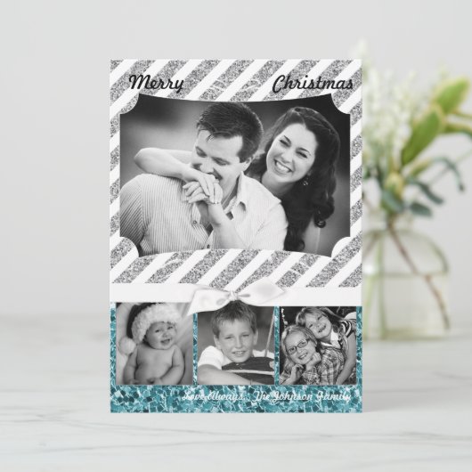 5x7クリスマスクリスマスブルーグリッタースノーフラフォトPHOTOカード シーズンカード (スタンド正面)