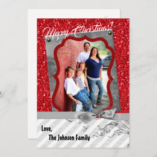 5x7クリスマスクリスマスレッドグリッタースノウハウPHOTOカード シーズンカード (正面/裏面)