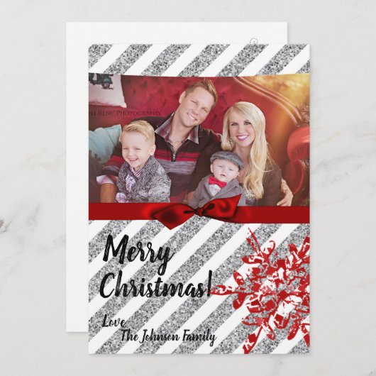 5x7クリスマスクリスマスレッドグリッタースノウフラPHOTOカード シーズンカード (正面/裏面)