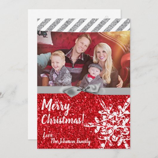 5x7クリスマスクリスマスレッドグリッタースノウフラPHOTOカード シーズンカード (正面/裏面)