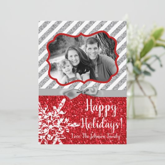 5x7クリスマスクリスマスレッドグリッタースノウフラPHOTOカード シーズンカード (スタンド正面)