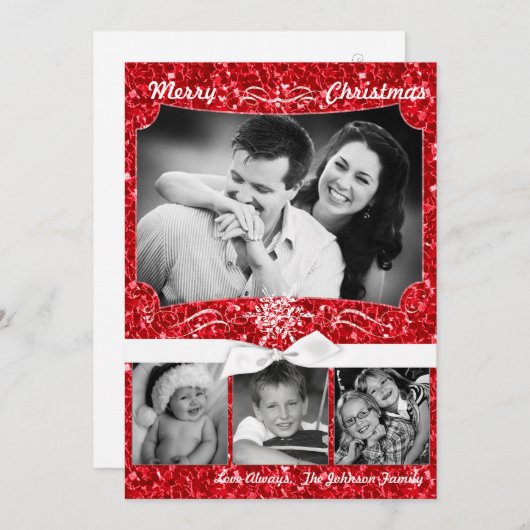 5x7クリスマスクリスマスレッドグリッタースノーフラフォトPHOTOカード シーズンカード (正面/裏面)