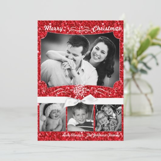 5x7クリスマスクリスマスレッドグリッタースノーフラフォトPHOTOカード シーズンカード (スタンド正面)