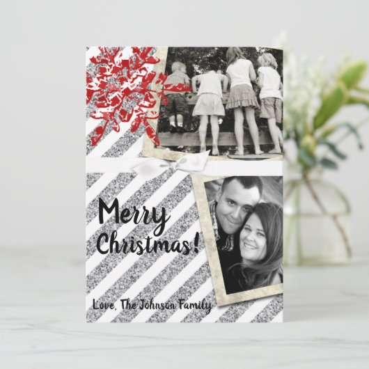 5x7クリスマスクリスマスレッドグリッタースノーフラフォトPHOTOカード シーズンカード (スタンド正面)