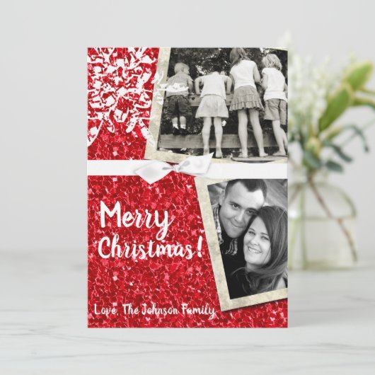 5x7クリスマスクリスマスレッドグリッターSnowflaフォトカード シーズンカード (スタンド正面)