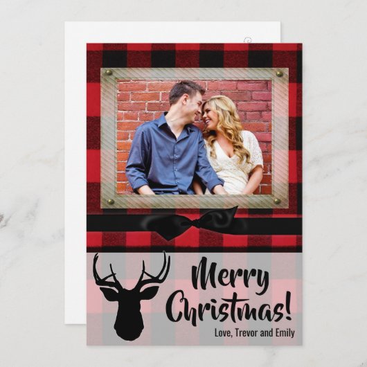 5x7クリスマスクリスマス赤い黒の格子縞の鹿の写真カード シーズンカード (正面/裏面)