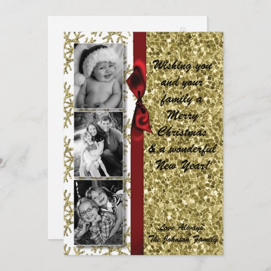 5x7クリスマスクリスマス金ゴールドスノーフレークGlittフォトカード シーズンカード (正面/裏面)