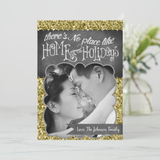 5x7クリスマスクリスマス金ゴールドスノーフレークGlittフォトカード シーズンカード (スタンド正面)