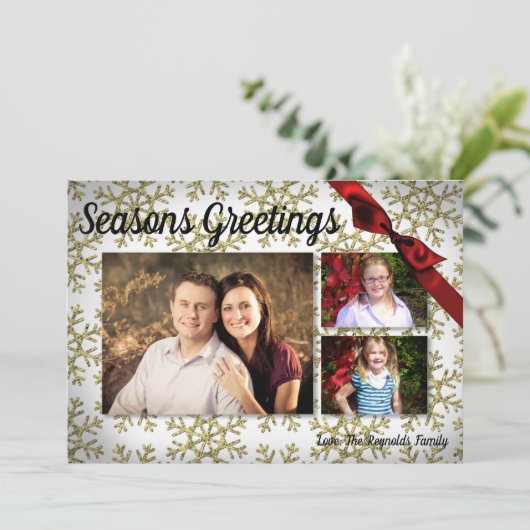 5x7クリスマスクリスマス金ゴールドスノーフレークGlittフォトカード シーズンカード (スタンド正面)